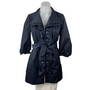 Anthropologie Idra Navy Blue Tie Double Breasted Ruffle Trench Coat Jacket Sz S